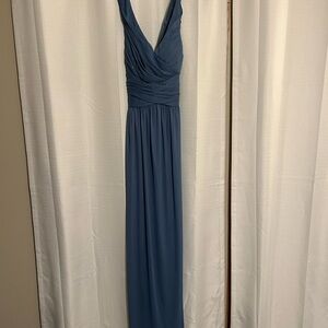David's Bridal Steel Blue Mesh Long Dress with Crisscross Back